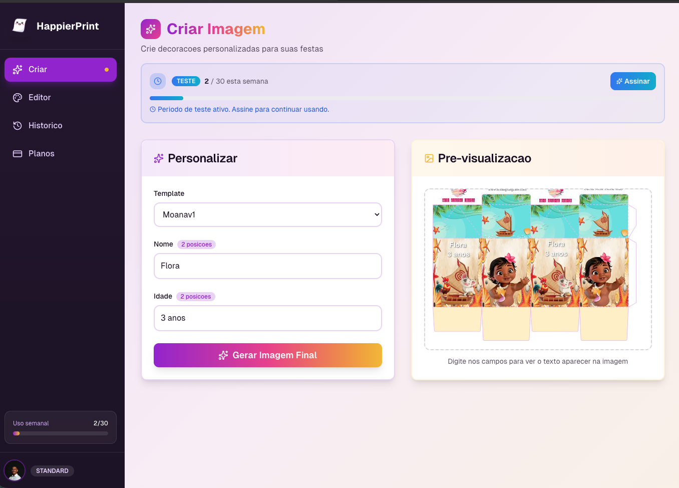 Interface do editor de templates HappierPrint mostrando personalização de convites